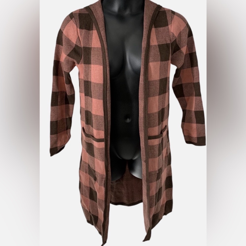 Denim&Co Pink and Brown Plaid Women’s Sweater Cardigan - Picture 4 of 6